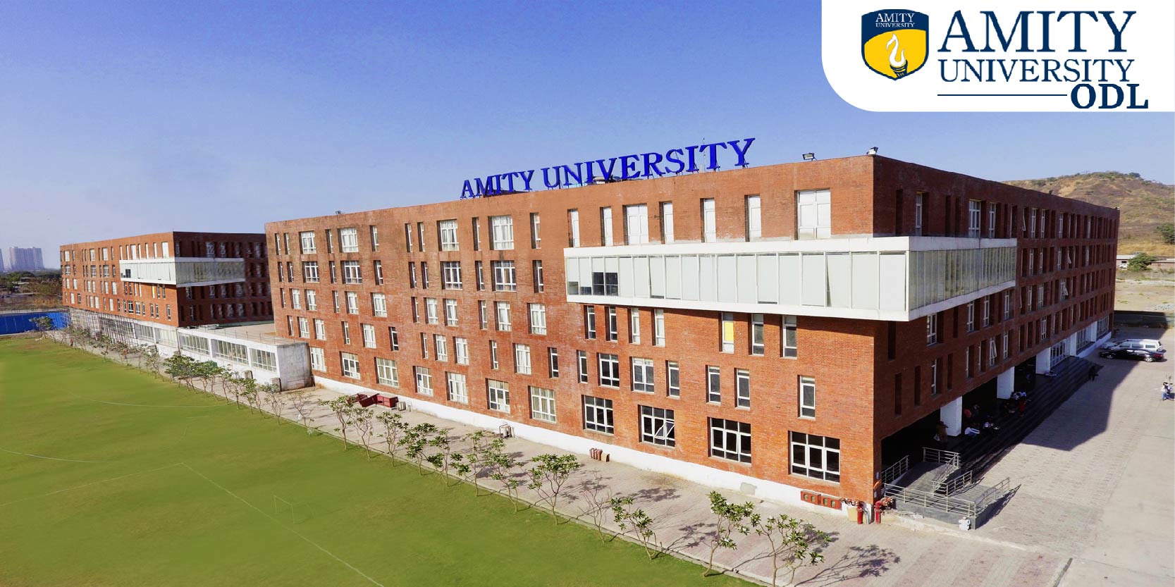 This image is used to represent Amity University Building. And There is a amity university logo on the right top side of the image.