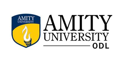 This Image is a logo of amity university there is amity university written on the right side and on the left there is a yellow and blue structure.